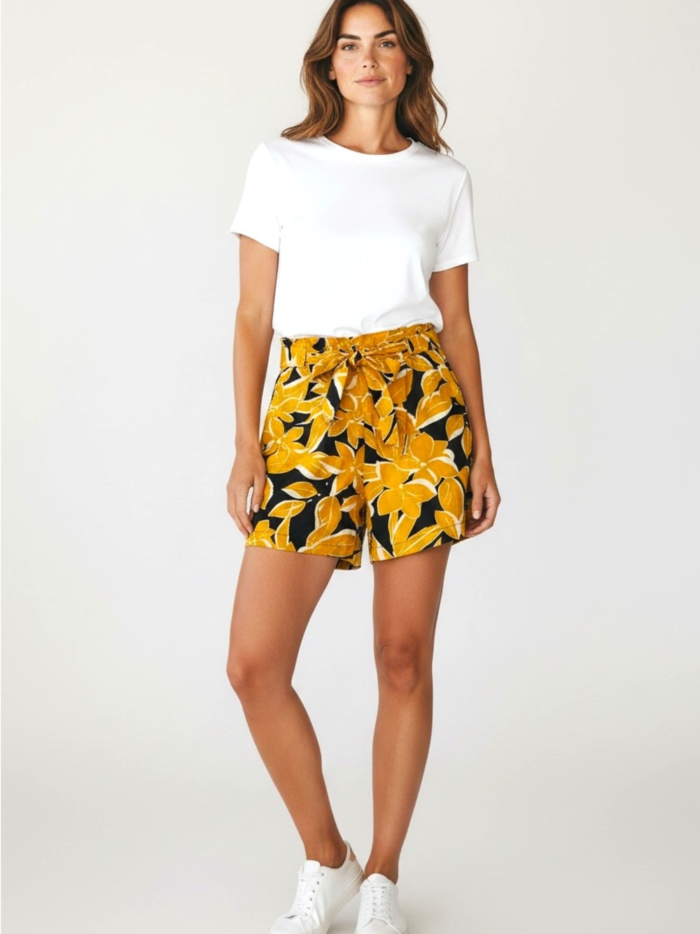 Who What Wear Linen Blend Yellow Floral Paperbag Tie-Waist Shorts